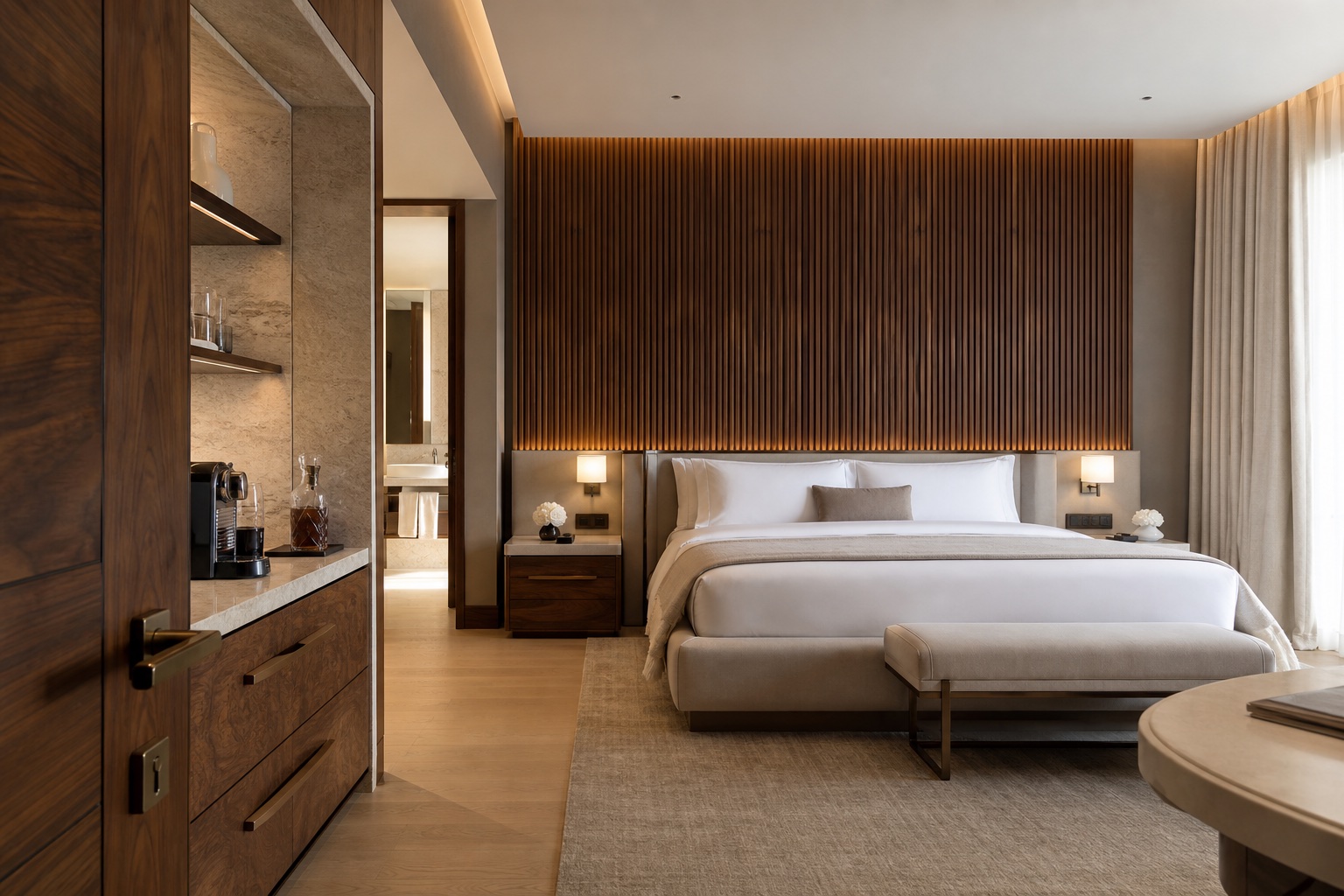 Hotel millwork ve özel üretim joinery detaylarına sahip çağdaş otel süiti