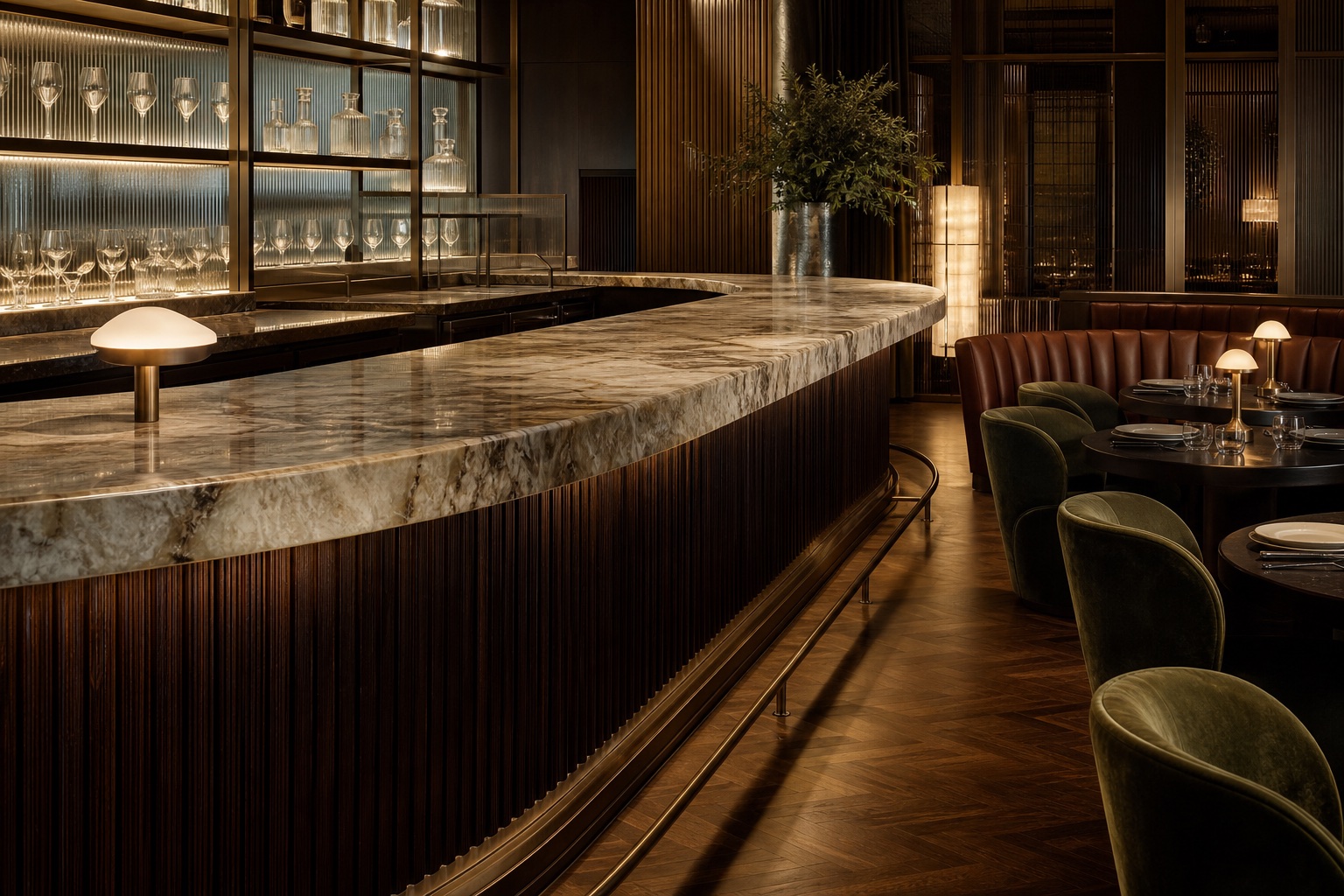 Restaurant bar millwork, taş tezgâh, ahşap panel ve metal detaylı lüks iç mekân